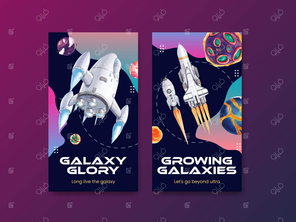 قالب اینستاگرام با طراحی کهکشانی و تصویرسازی آبرنگی