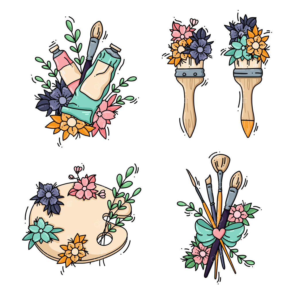 مجموعه‌ای از ابزارهای هنر با گل‌ها