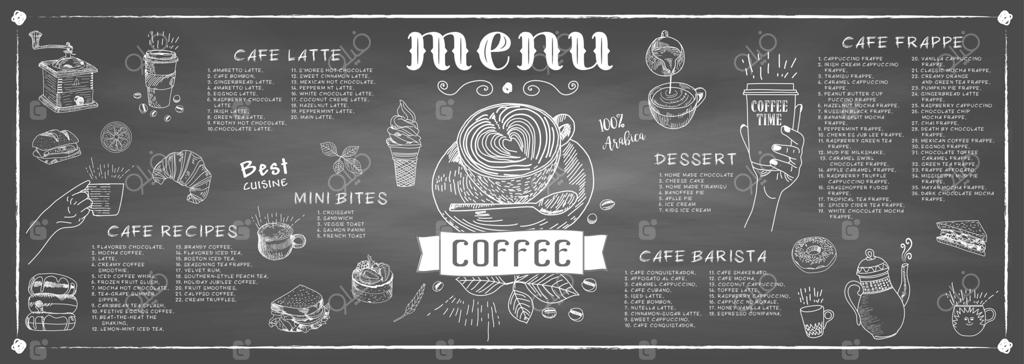 منوی کافه و رستوران: انتخابی از نوشیدنی‌ها و غذاها.