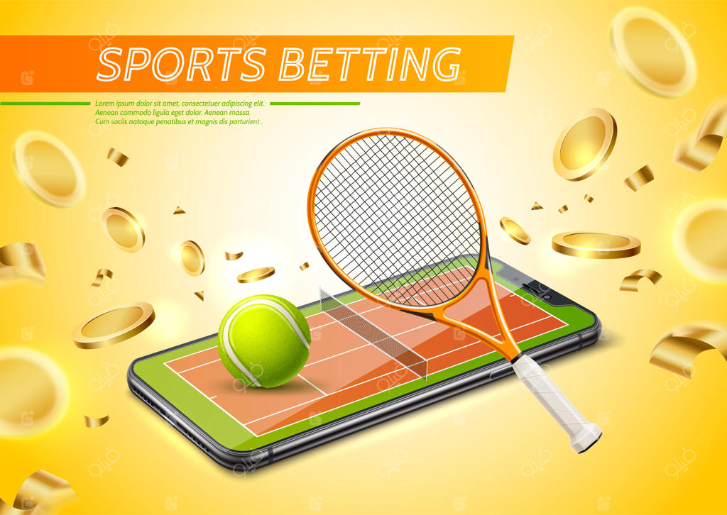پوستر تبلیغاتی واقع‌گرایانه شرط‌بندی آنلاین ورزشی با صفحه نمایش گوشی هوشمند که زمین تنیس و سکه‌های طلایی را نشان می‌دهد