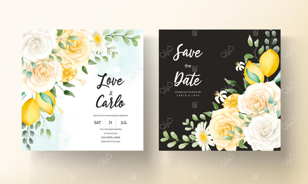 ست کارت عروسی تابستانه با طرح آبرنگی گل و میوه لیمو