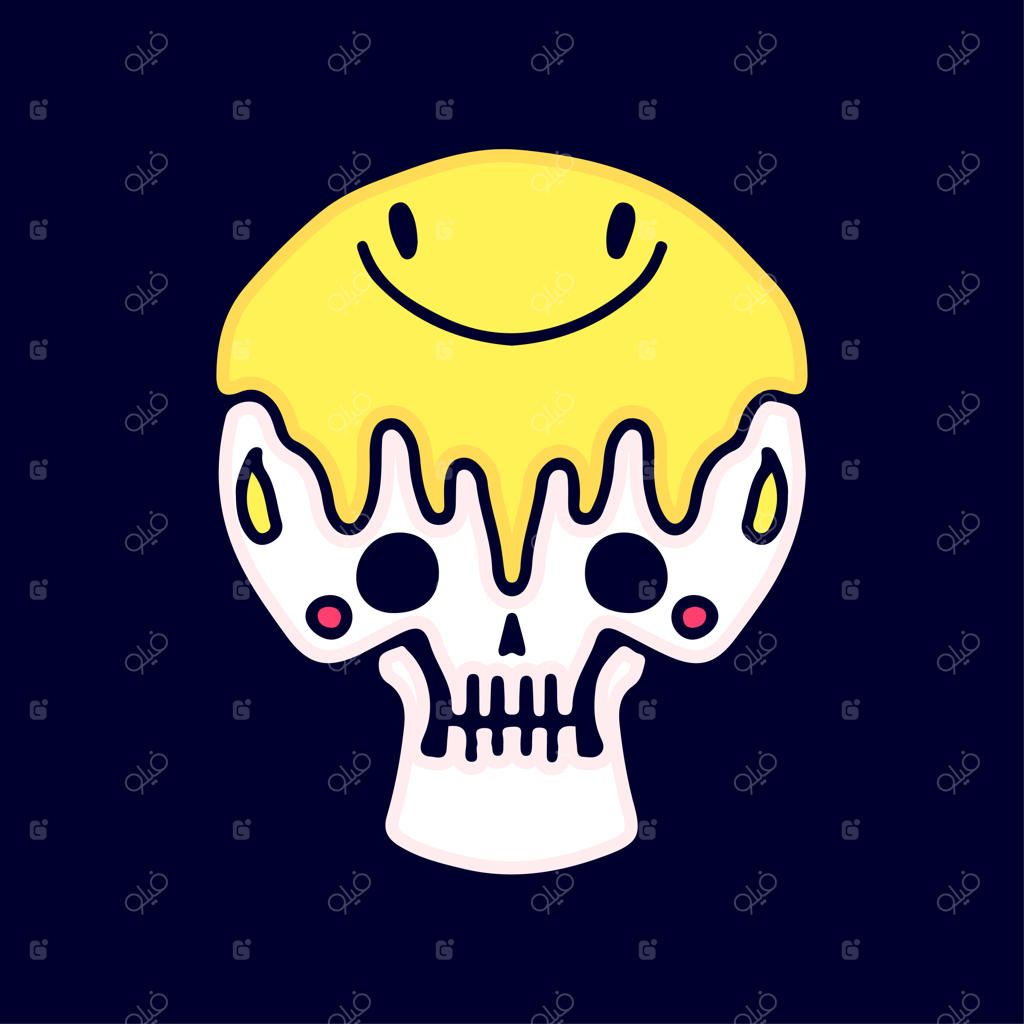 جمجمه خفن با صورت ایموجی بامزه - طرحی برای تیشرت و استیکر.