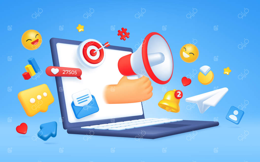 مفهوم بازاریابی دیجیتال سه‌بعدی، شبکه‌های اجتماعی و ارتباطات آنلاین. تبلیغات هدفمند و ترویج کسب‌وکار اینترنتی - تصویرسازی وکتور