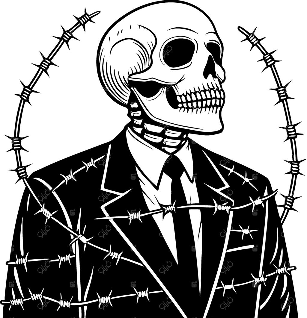 اسکلت استایلیزه با کت و شلوار در میان سیم خاردار برای طراحی‌های هنری و تصویرسازی