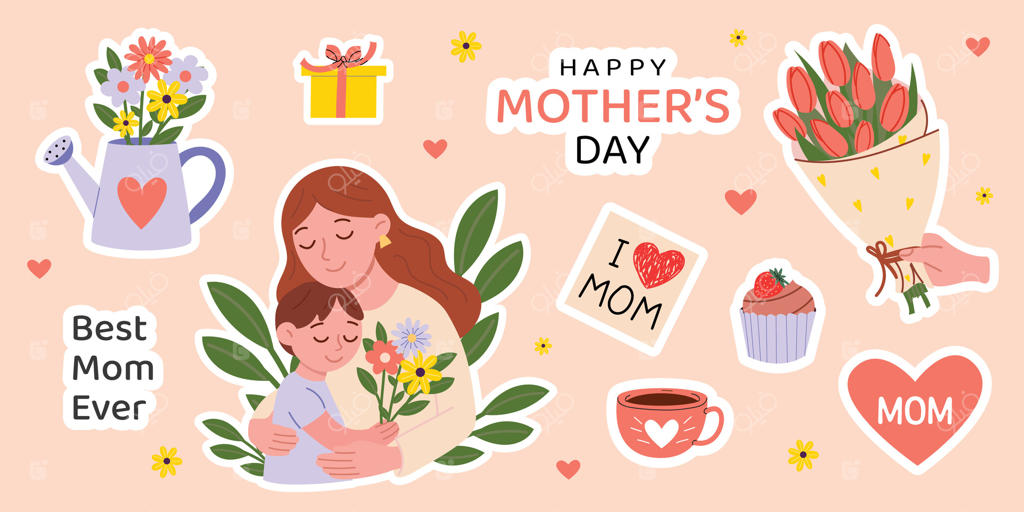 مجموعه برچسب‌های بامزه روز مادر با طرح مادر و پسر، گل‌ها، قلب‌ها، هدیه، کیک‌فنجانی و بیشتر. طراحی مسطح زیبا، مناسب برای کارت‌های تبریک، پوسترها یا دکور بهاری شاد.