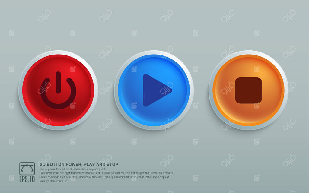 دکمه‌های سه‌بعدی: روشن، پخش و توقف