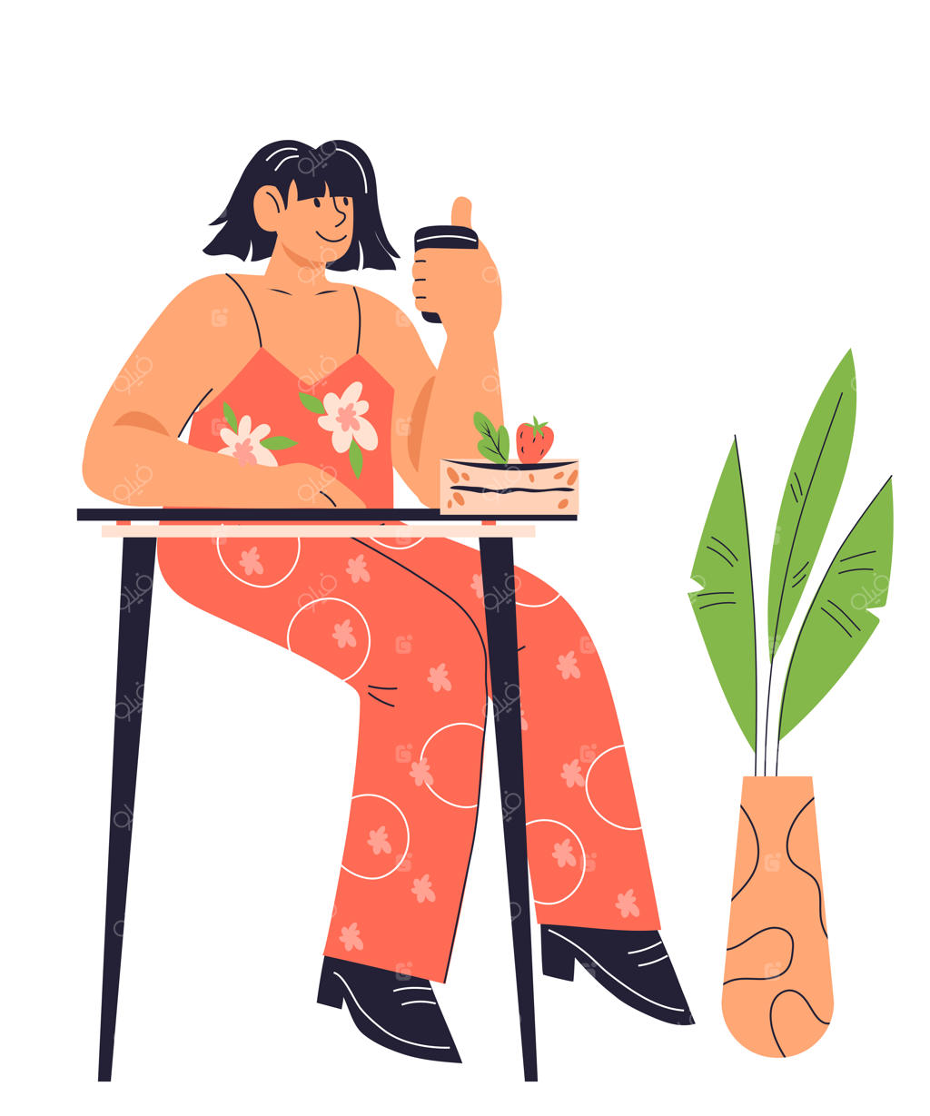 لذت بردن زن از قهوه و کیک - تصویر برداری تخت، استراحت در کافه یا قنادی با خوراکی‌های شیرین و دسرها