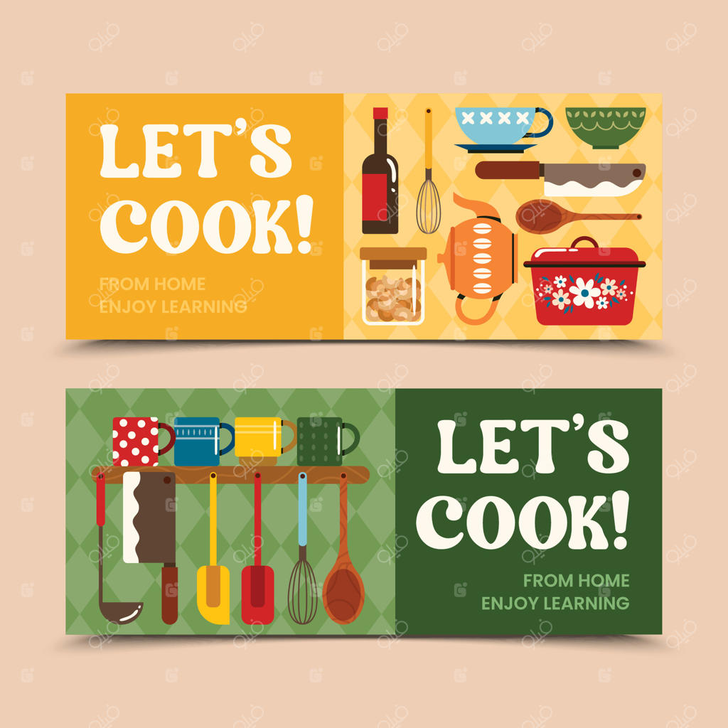 مجموعه بنر افقی کارتونی وسایل آشپزخانه