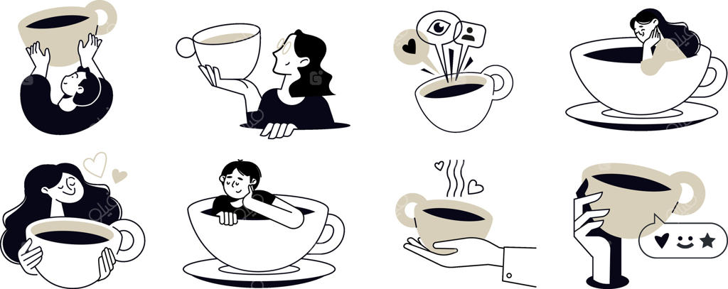 تصاویر افراد در حال لذت بردن از اوقات فراغت، نوشیدن قهوه، روال روزمره، دعوت به دورهمی، مناسب برای استیکرها و پست‌های شبکه‌های اجتماعی، بازاریابی، رستوران‌ها و کافه‌ها.