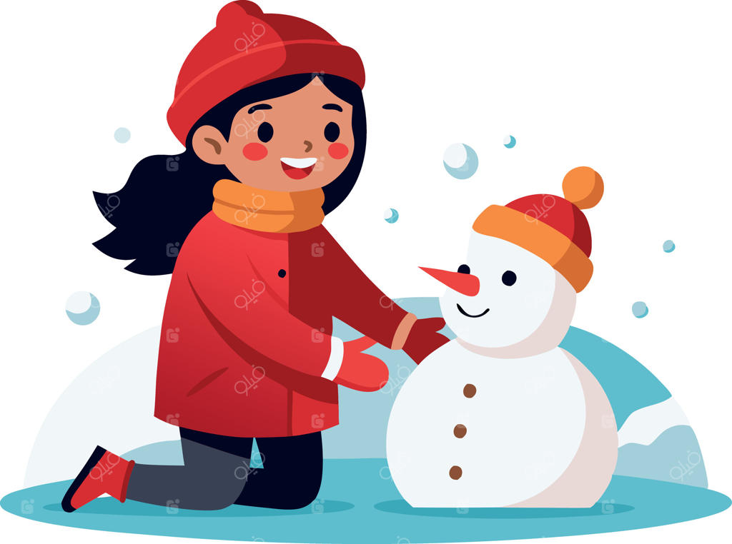 تصویرسازی دختر شاد با لباس زمستانی در حال ساختن آدم‌برفی
