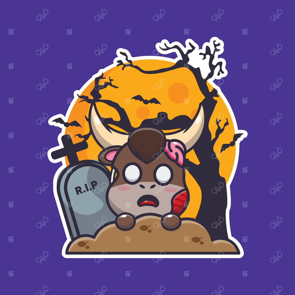 طلوع گاو زامبی از قبرستان در روز هالووین. تصویرسازی کارتونی جذاب هالووین.