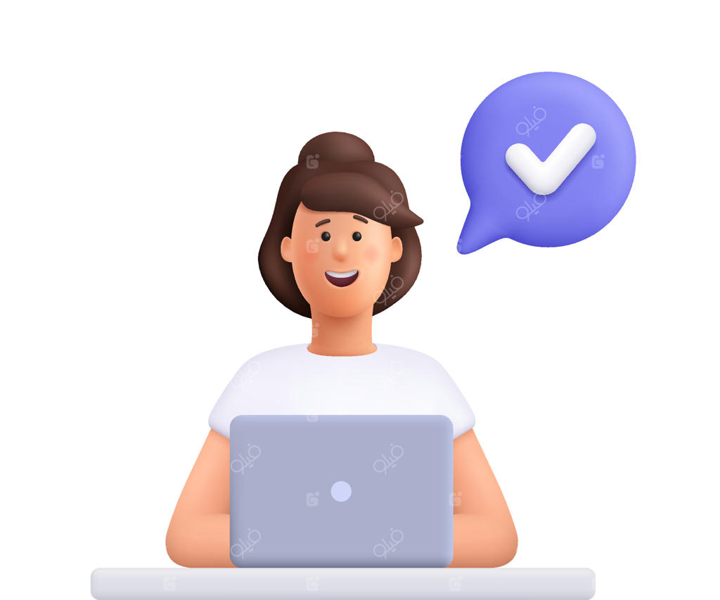 زن جوان خندان به نام جین در حال کار با لپ‌تاپ با حباب گفتاری و علامت تیک. مفهوم بهره‌وری، موفقیت، تایید یا انجام وظیفه و دریافت بازخورد. شخصیت سه‌بعدی کارتونی. سبک مینیمال.