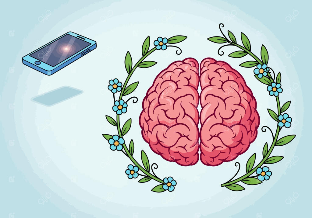 مغز صورتی استایل‌دار در حلقه‌ای از شاخه‌های سبز و گل‌های آبی، در کنار یک گوشی هوشمند ایزومتریک.