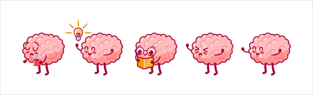 مجموعه‌ای از شخصیت‌های بامزه به سبک کاوایی: مغزی با عینک که کتاب می‌خواند، الهام بخشی. مغزی با عینک در حال مطالعه، مغز خواب‌آلود با قهوه. سیستم عصبی. سلامت روان. عملکرد شناختی.