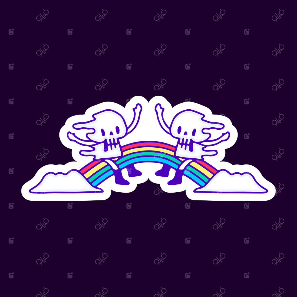 شخصیت بامزه‌ جمجمه‌های ذوب‌شده نشسته بر رنگین‌کمان، طرحی برای تیشرت و برچسب.