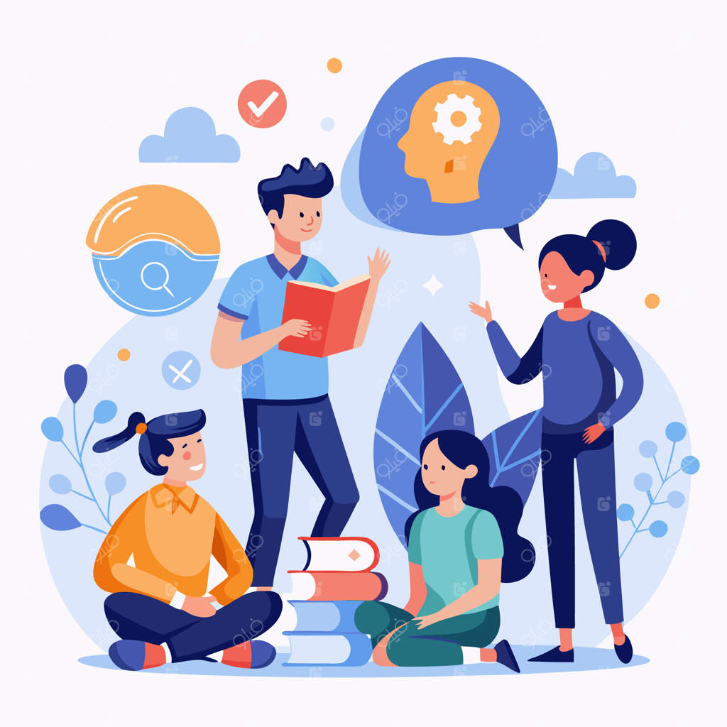 چهار نفر در حال یادگیری و همکاری با یکدیگر هستند. یک نفر کتابی در دست دارد و فرد دیگری هم کتابی در دست دارد و با نفر دیگری در حال گفتگوست.