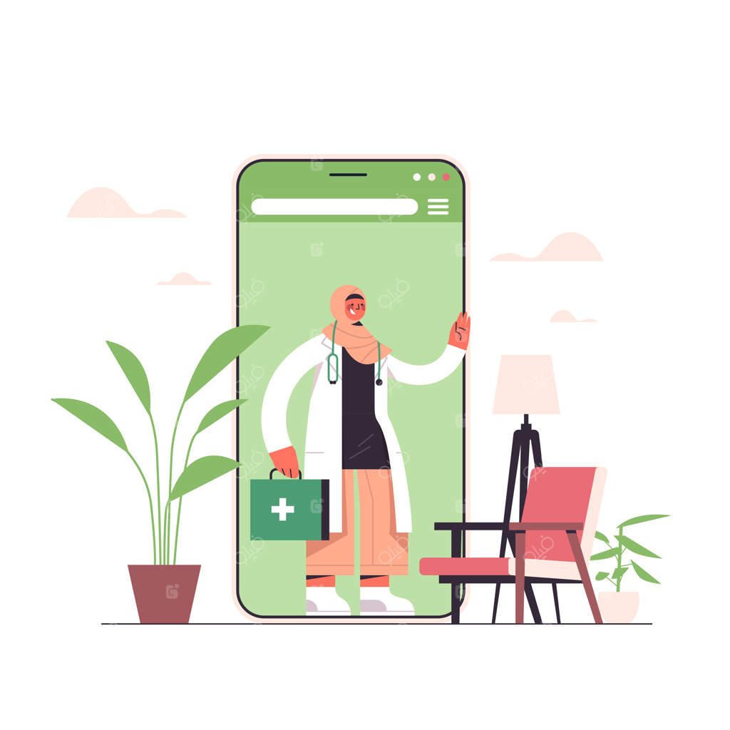 پزشک زن عرب با جعبه کمک‌های اولیه در صفحه گوشی – مشاوره آنلاین در حوزه سلامت و پزشکی