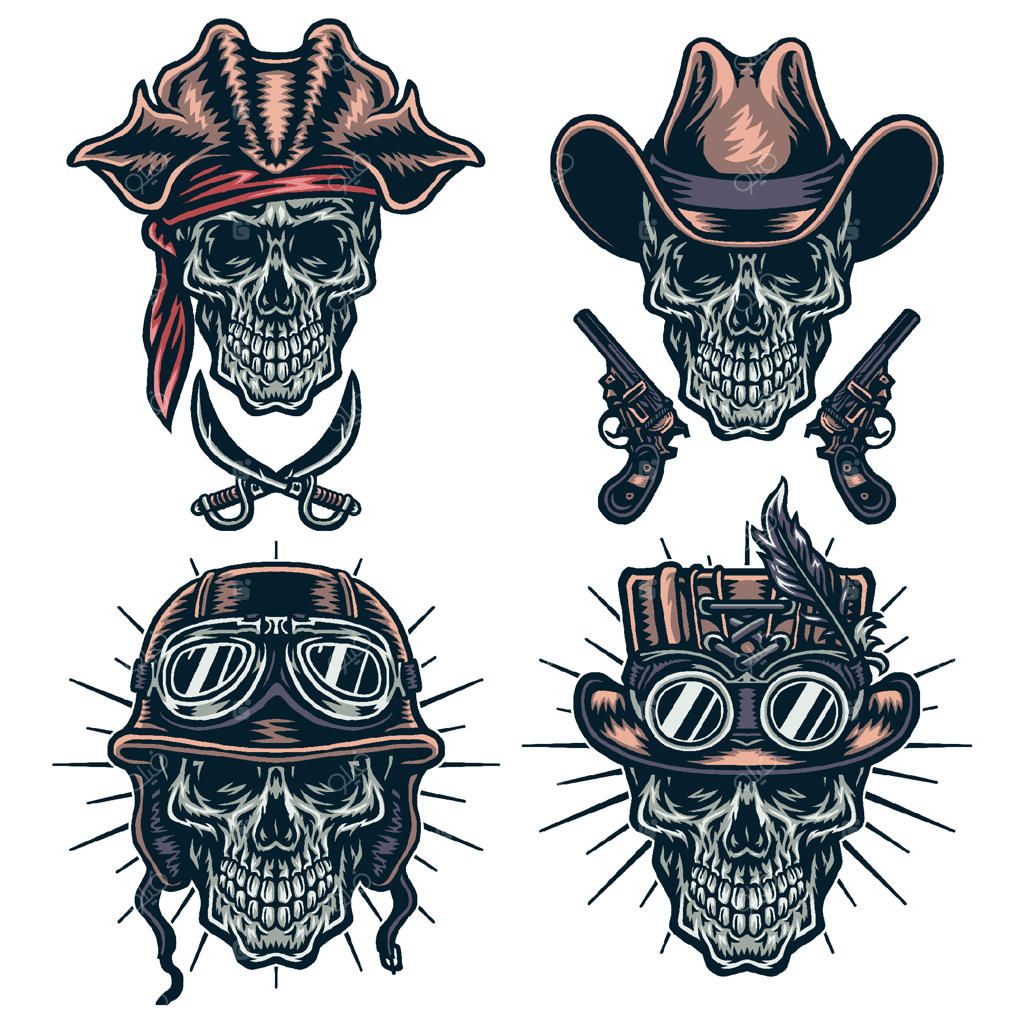 مجموعه‌ای از شخصیت‌ها: جمجمه‌ها، کابوی‌ها، استیم‌پانک، کلاه‌خودها و دزدان دریایی