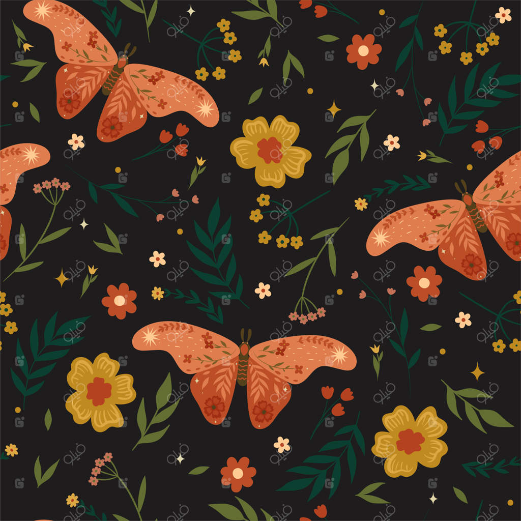 طرح یکپارچه با شاپرک‌ها و برگ‌ها