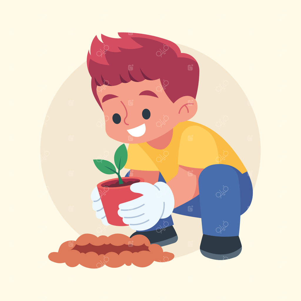 تصویرسازی کودکان در حال کاشتن در باغچه