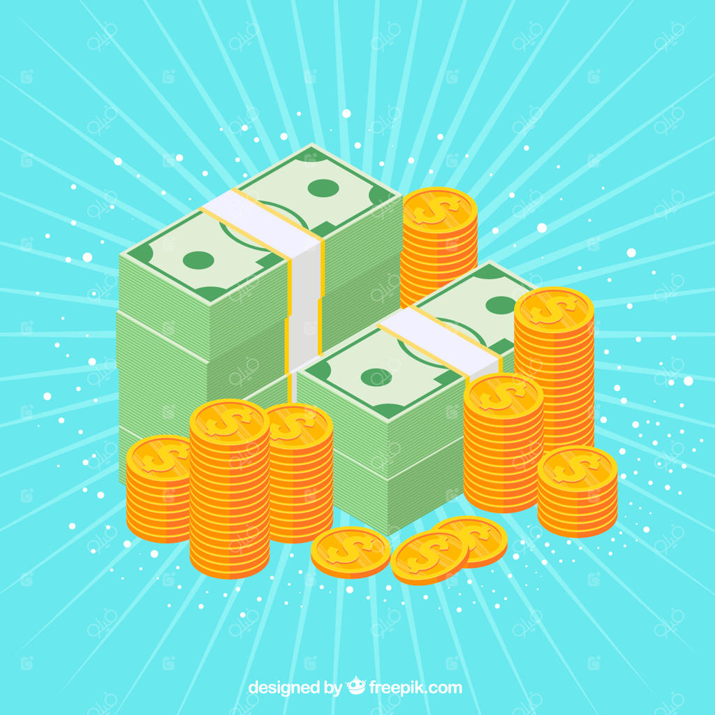 پس‌زمینه آسمانی با کپه‌های اسکناس و سکه‌ها