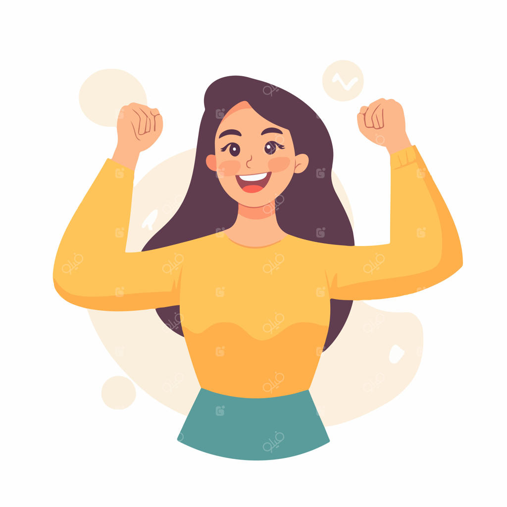زن توانمند در حال جشن گرفتن پیروزی با ژست موفقیت و چهره‌ای شاد و با اعتماد به نفس