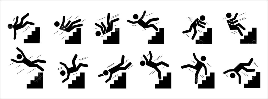 آدمک در حال افتادن: پیکتوگرام‌های سیاه از افراد در حال سقوط از پله و نردبان، افراد خسته و کوفته. مجموعه وکتور