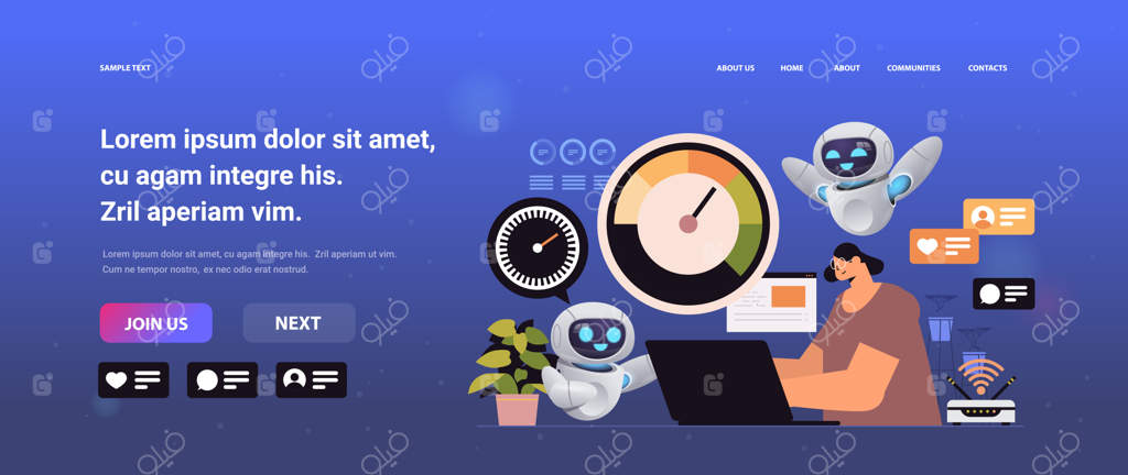 زن تاجر با ربات‌های کمکی در حال کار با لپ‌تاپ با مقیاس استرس: افزایش بهره‌وری و احساس فرسودگی و کلافگی