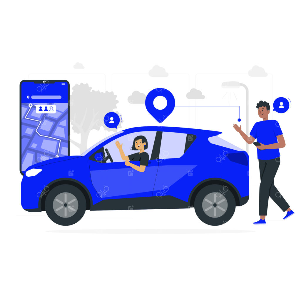 مفهوم سرویس اشتراک سفر با راننده، مسافر و اپلیکیشن ردیابی موقعیت
