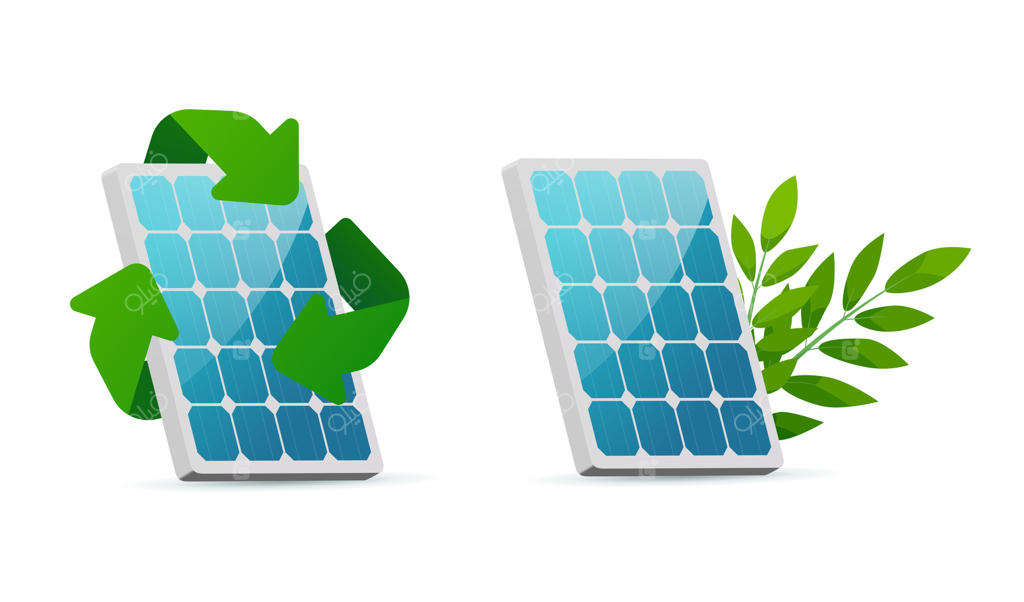 پنل خورشیدی با نماد بازیافت و برگ‌های سبز برای ترویج انرژی‌های تجدیدپذیر