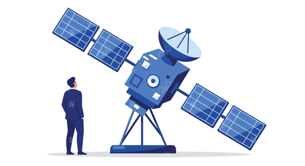 مردی ایستاده در کنار ماهواره‌ای با پنل‌های خورشیدی