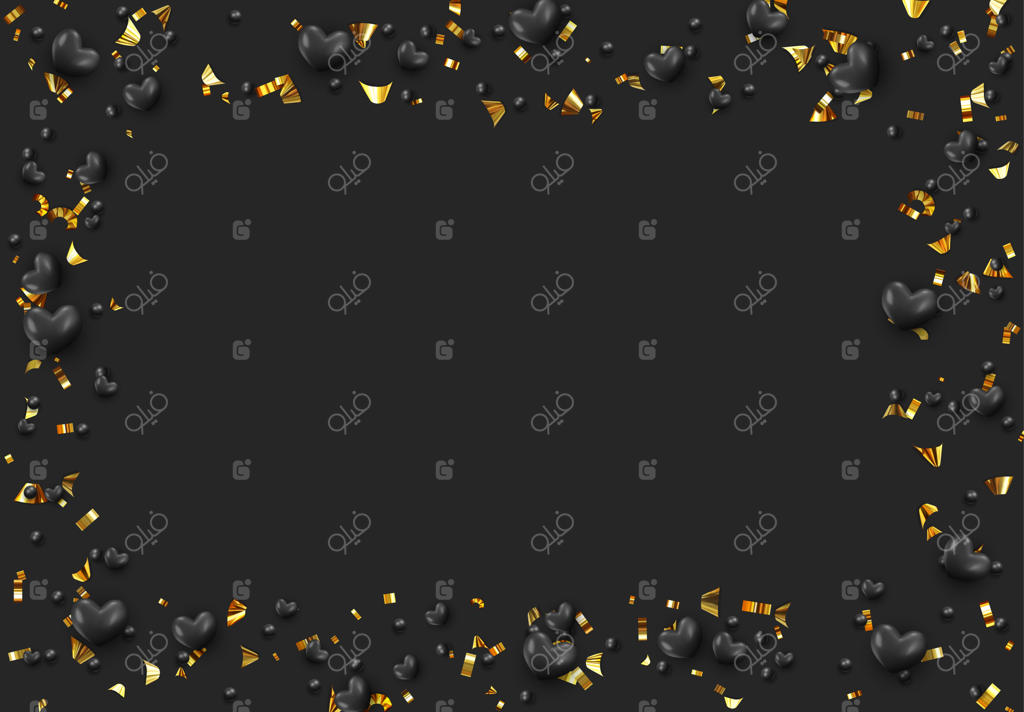 پس‌زمینه‌ای با قلب‌های سیاه و مهره‌های گرد پراکنده شده با پولک‌های طلایی.