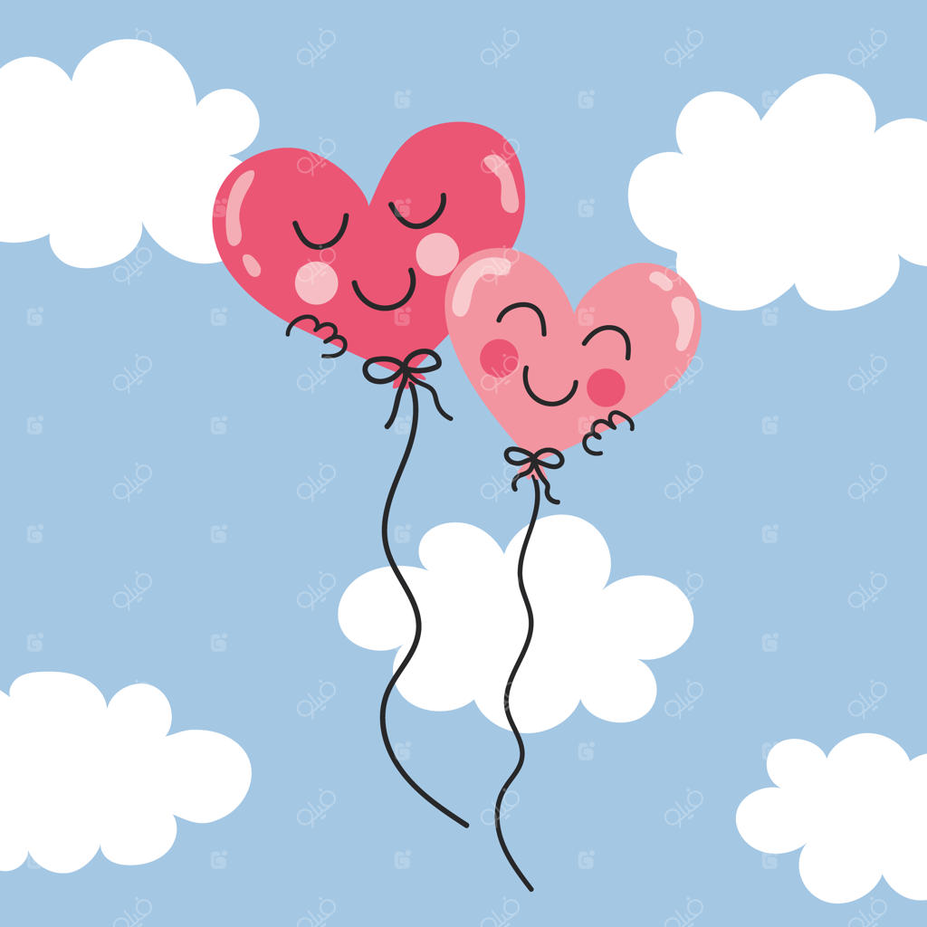 دو بادکنک در آسمان با ابرهایی که کلمه عشق بر روی آنها نوشته شده است.