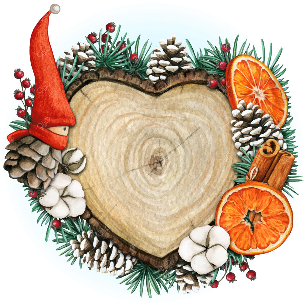 برشی از چوب قلبی آبرنگی با الف‌ها و مخروط کاج