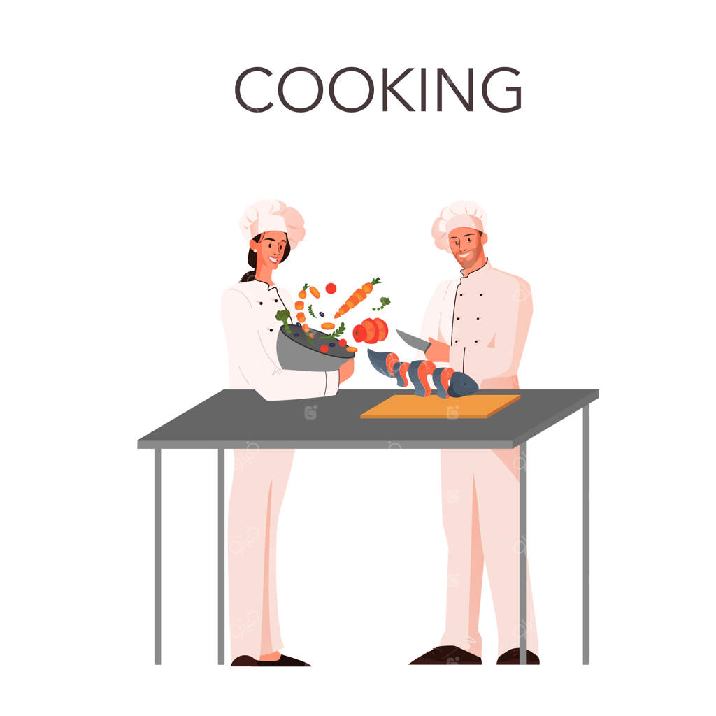 آشپز مرد و زن در حال پختن غذا در آشپزخانه. غذای لذیذ برای مهمان. آشپز پشت اجاق.