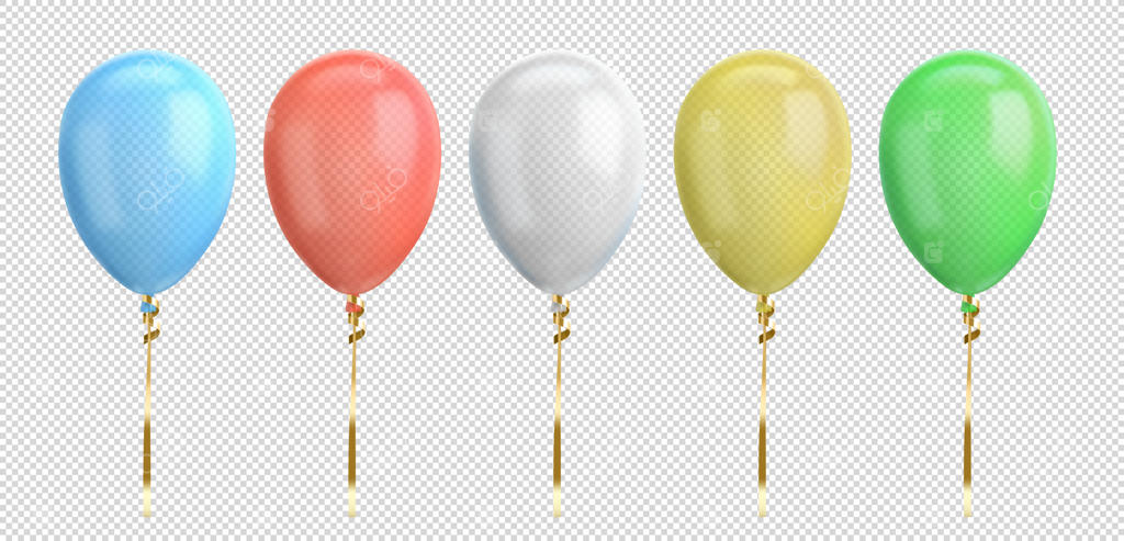 بادکنک آبی، قرمز، سفید، زرد، سبز. بادکنک براق و واقعی برای جشن تولد.