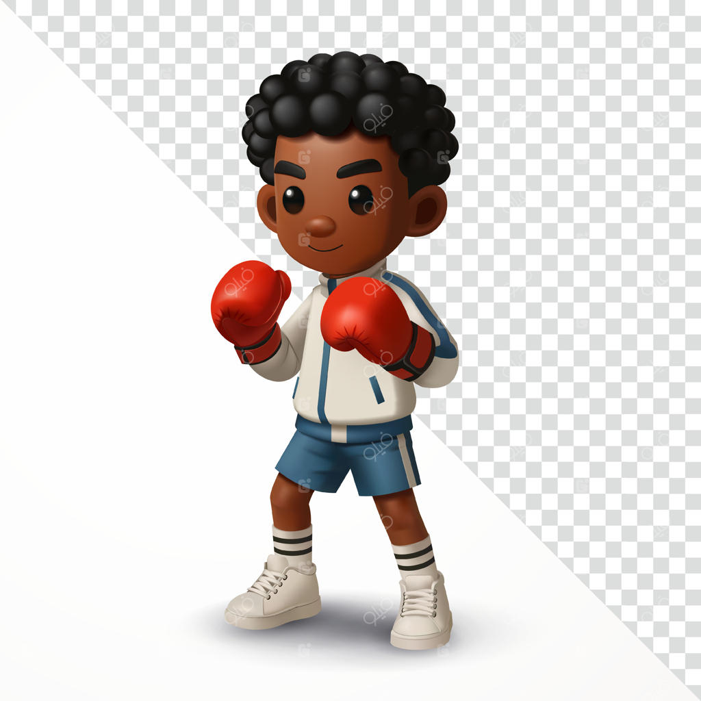 پسر در حالت مشت زنی با دستکش بوکس، سه‌بعدی. مناسب برای آموزش و ورزش