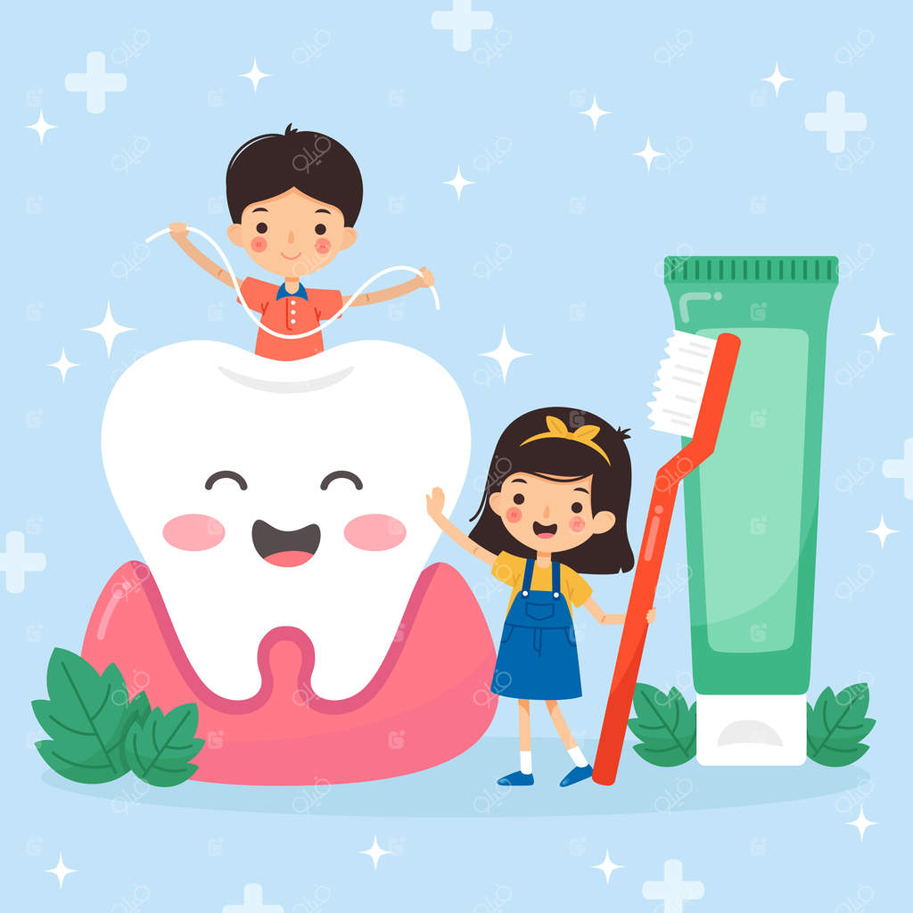 طراحی تخت: پسر و دختر در حال مسواک زدن دندان بزرگ