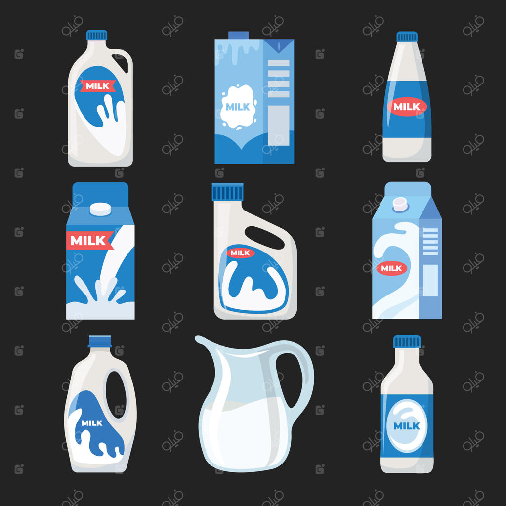 مجموعه طرح بسته‌بندی پاکت شیر، طراحی کارتنی شیر ارگانیک پرچرب، قالب محصولات لبنی با تصویر پاشش شیر، به همراه لیوان، پاکت، پارچ و بطری، تصویرسازی