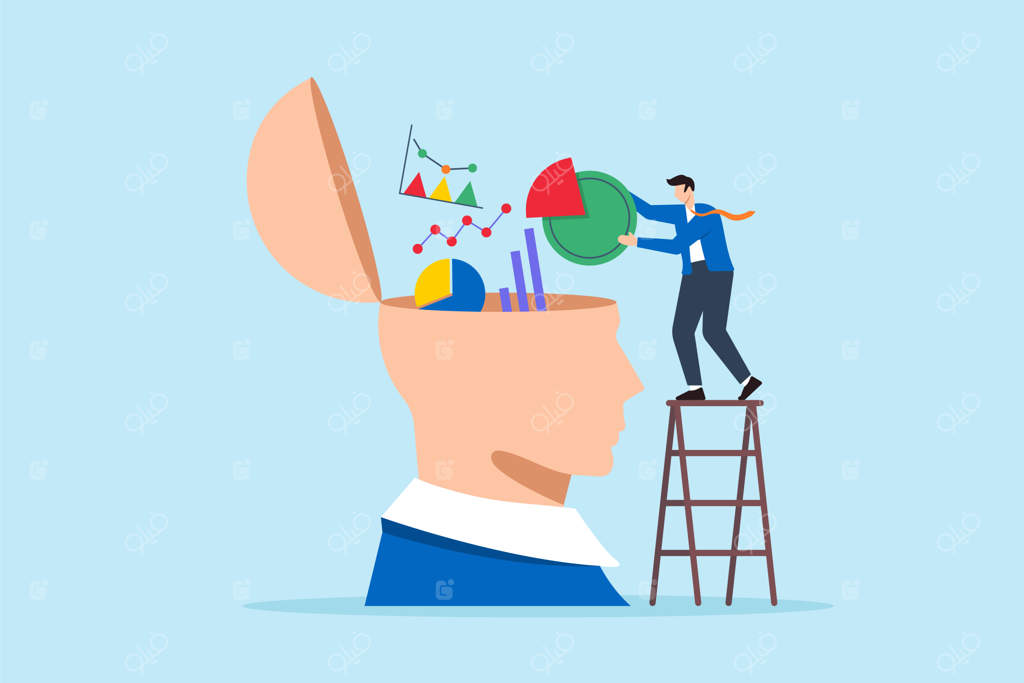 تصویرسازی تخت از تجزیه‌وتحلیل داده‌ها: تاجر با نمودار گزارش روی مغز انسان