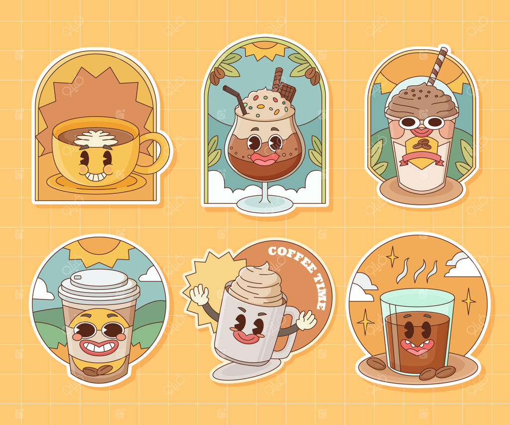 آیکون‌های بامزه برچسب قهوه در سبک دهه‌های ۷۰، ۸۰ و ۹۰ میلادی