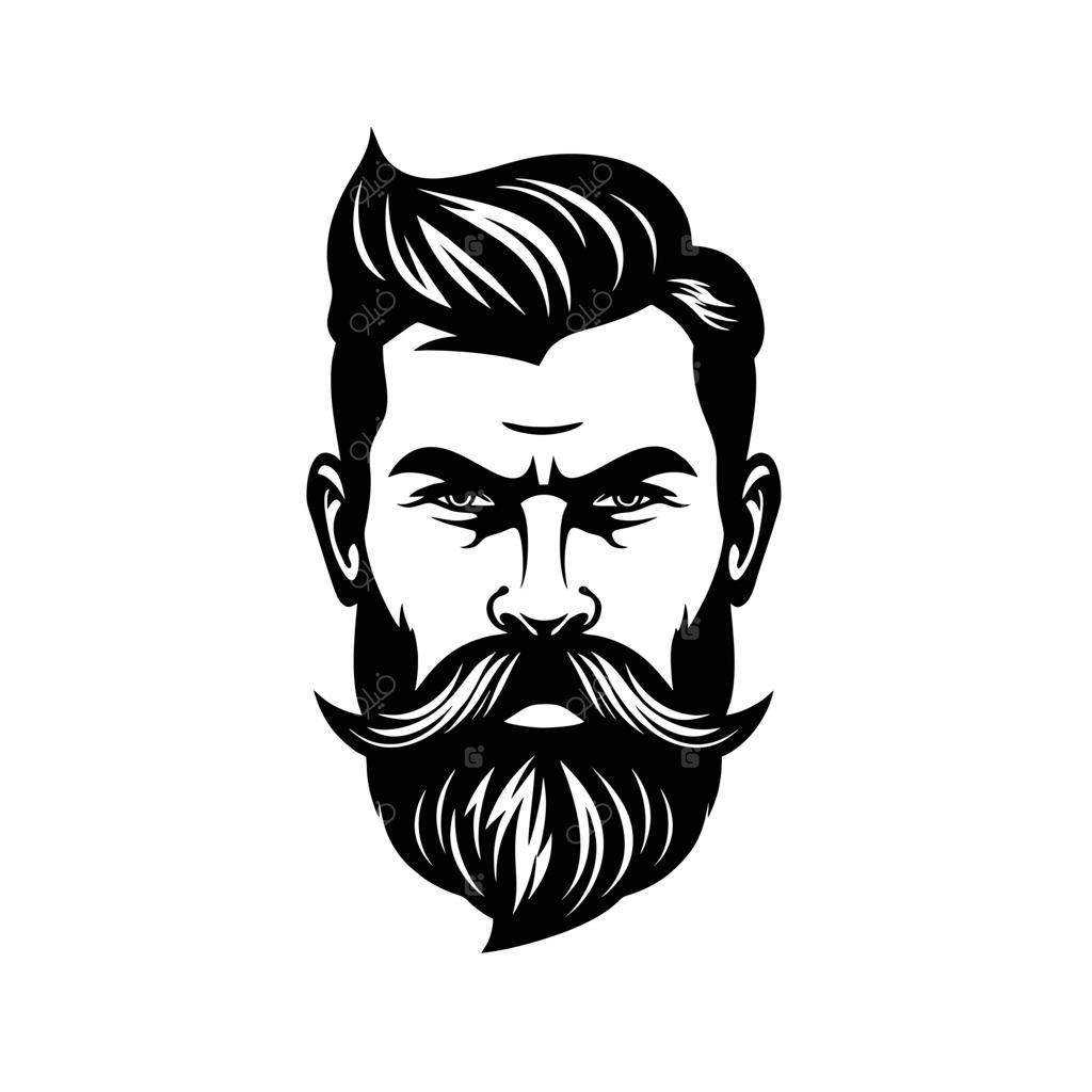 لوگوی شیک آرایشگاه با تصویر مردی جذاب و ریشو با سیبیل