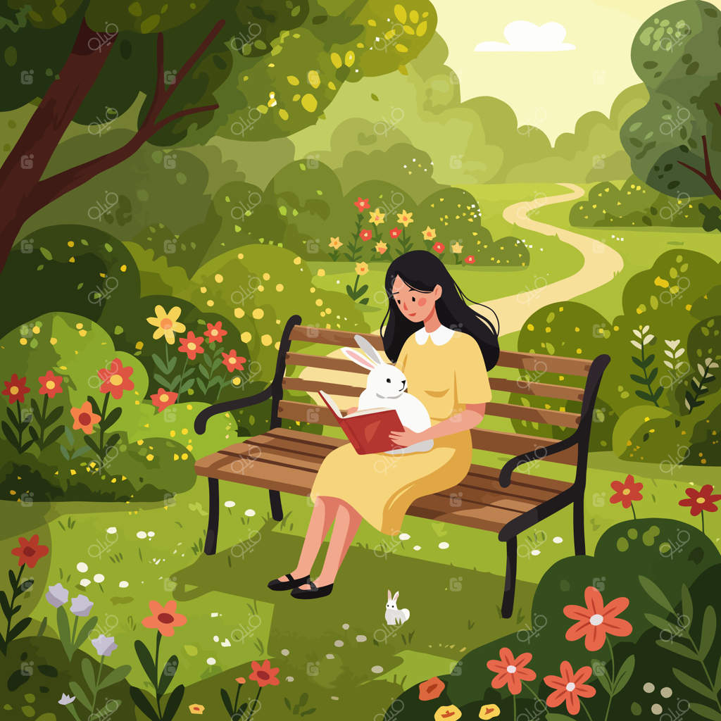 زن در حال خواندن برای خرگوش روی نیمکت در باغ آفتابی گل‌ها