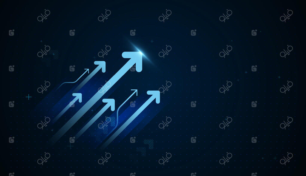 تصویر مفهومی یک کسب‌وکار پیشرفته با پیکان‌های متعددی به رنگ آبی تیره. پیکان‌های مالی و تجاری به سمت بالا روی پس‌زمینه تیره با گرادیانت آبی عمیق