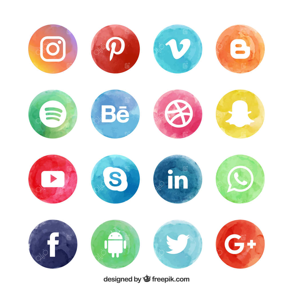 مجموعه‌ای از لوگوهای شبکه‌های اجتماعی به سبک آبرنگی