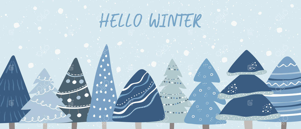 سلام زمستانی: بنر یا کارت پستال با درختان کاج و بارش برف. طرح زمستانی انتزاعی برای کارت تبریک، پوستر یا تبلیغات.