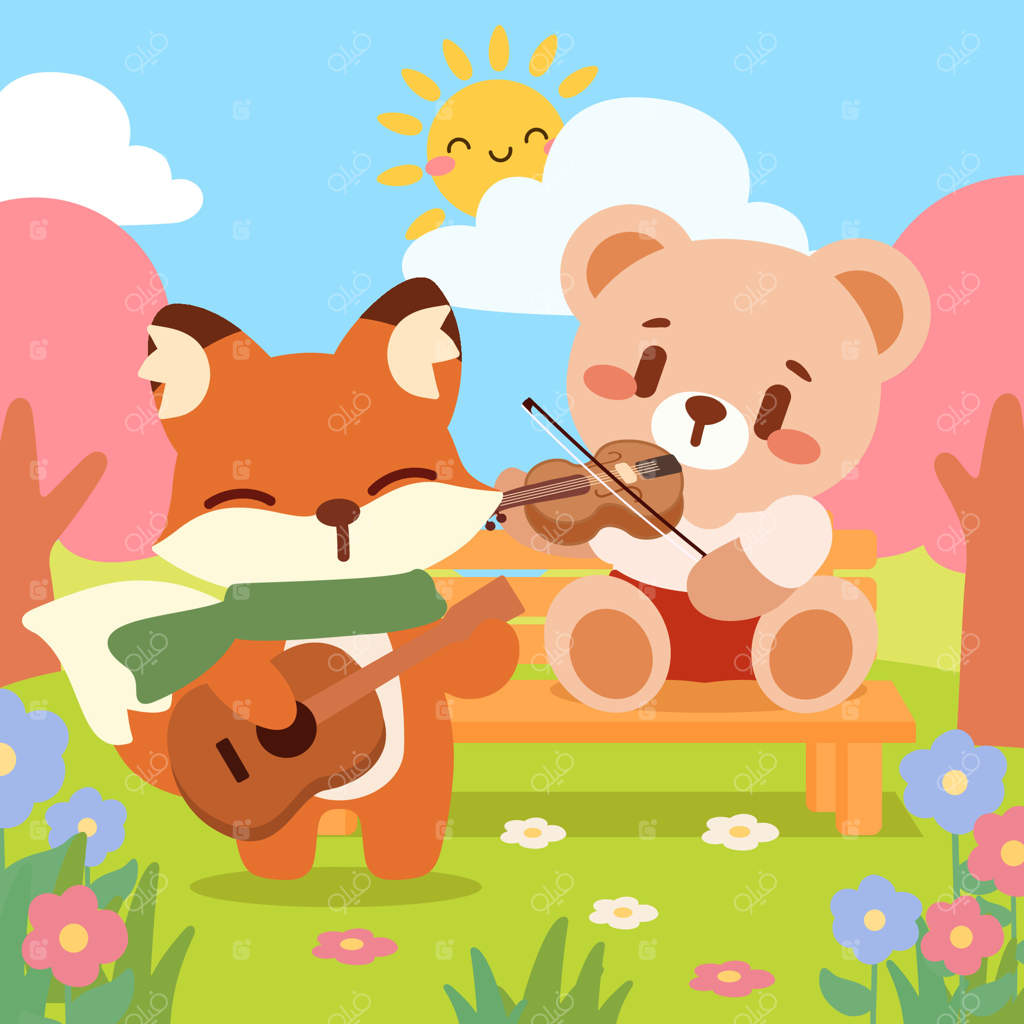 روباه و خرس دوست‌داشتنی در حال نواختن گیتار و ویولن. دوستان نوازنده در باغ بهاری. روباه و خرس بامزه در حال نواختن ساز در فضای باز.