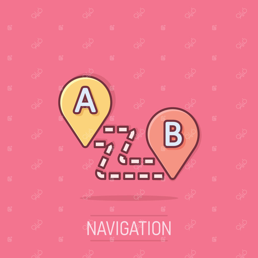 آیکون پین نقشه به سبک کمیک. تصویرسازی کارتونی از مسیر‌یاب GPS روی پس‌زمینه‌ای جدا شده. مفهوم تجاری یافتن موقعیت با افکت پاششی.