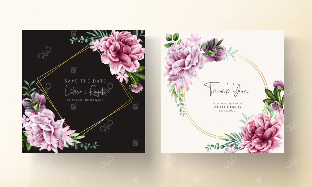 قالب کارت دعوت با طرح گل‌های زیبای بنفش به صورت آبرنگی