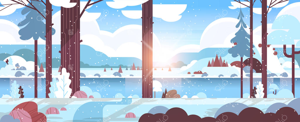 زمستان سرد دره رودخانه کوهستانی در جنگل برفی، طلوع خورشید و چشم‌انداز طبیعی افقی